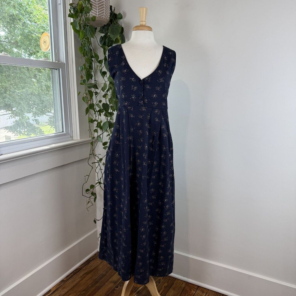Vintage Y2K Floral 100% Cotton Maxi Dress | Button Front Navy Sleeveless, Large